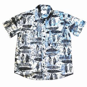 Filson Men's Short Sleeve Shirt Blue Ink Fish Cotton Chambray  Sz L